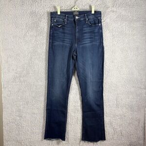 MOTHER Runaway High Waisted Flare Jeans Dark Wash Size 31 Raw Hem Stretch Denim